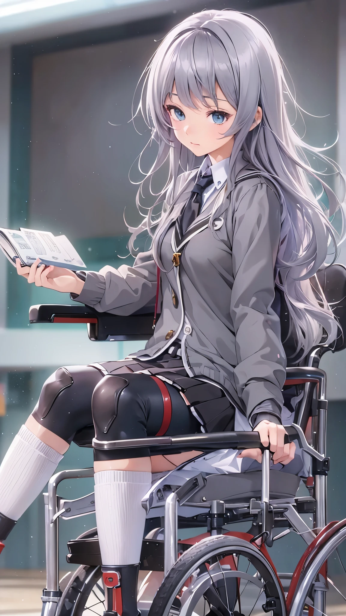 (Highest quality,4K,8k,High resolution,Tabletop:1.2), Very detailed, (Realistic,photoRealistic,photo-Realistic:1.37),(whole body),((In the hospital)),Sickly beautiful girl, sad,I was surprised,((Gray hair color)),((Long Hair)),((She is in a wheelchair)),((She is pushing a wheelchair)),((She has difficulty walking)),((She is a wheelchair user)),((Hair above the eyes)),((school uniform,Jumper skirt,ribbon,blouse)),((Wear black open-finger gloves)),((Leg Brace)),((Casts on her legs)),((Knee pads)),((Leg braces)),Espadrilles,Beautiful and detailed, Beautiful lip detail, Very detailed目と顔, Long eyelashes, Realistic anime 3D style, Smooth anime CG art, Digital rendering by Makoto Shinkai, Moe anime art style, photoRealistic rendering of an anime girl, Shinkai Makoto style, Cute anime girl visuals, Realistic young anime girl, Girl Fanart, Works by anime artists'Studio.