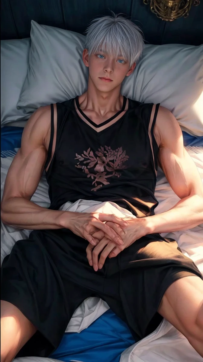 1boy, adult, handsome, perfect face, detailed eyes and face, clean shaved, muscular, capturing a rural atmosphere, dynamic lighting, unreal engine 5, hd picture, satoru gojo, white hair, short hair ,hair between eyes ,blue eyes, white skin, milk pink nipple details
