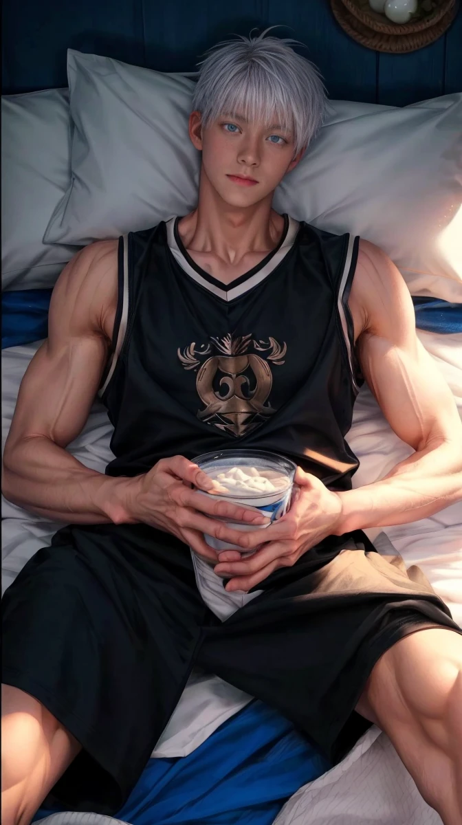 1boy, adult, handsome, perfect face, detailed eyes and face, clean shaved, muscular, capturing a rural atmosphere, dynamic lighting, unreal engine 5, hd picture, satoru gojo, white hair, short hair ,hair between eyes ,blue eyes, white skin, milk pink details