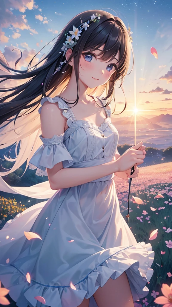 {{{masterpiece}}}, {{{best quality}}}, {{ultra-detailed}}, {{an extremely delicate and beautiful}}, (lens flare:1.4),(magnificent view:1.2), 
Create a vivid, ethereal scene set at dawn where a young girl, epitomizing innocence and wonder, stands with a paintbrush in her hand, painting the sky. The morning mist begins to lift, revealing a clear, blue expanse adorned with soft, fluffy clouds that resemble sailing ships. The girl's delicate features are touched by the gentle morning light, and her smile radiates a translucent glow like dewdrops kissed by the sun. Surround her with a meadow of blossoming flowers, each petal attentively listening to the whispering wind.
High above, birds in graceful flight form musical notes in the sky, their wings carrying the melodies of freedom and hope. Capture the late afternoon transition with a sky painted in warm hues of amber and crimson, as the girl's eyes reflect the breathtaking beauty, and her spirit expands like an infinite ocean. As night falls, the scene transforms into a serene, starlit landscape where the girl reaches out, seemingly capturing the dreams woven into the night. Stars twinkle brightly, forming constellations that guide her path, illuminating her steps like a glowing lighthouse in a dark sea.
Include elements that show the continuity and connection between earth and sky—a flowing field of grass that sways gently in harmony with