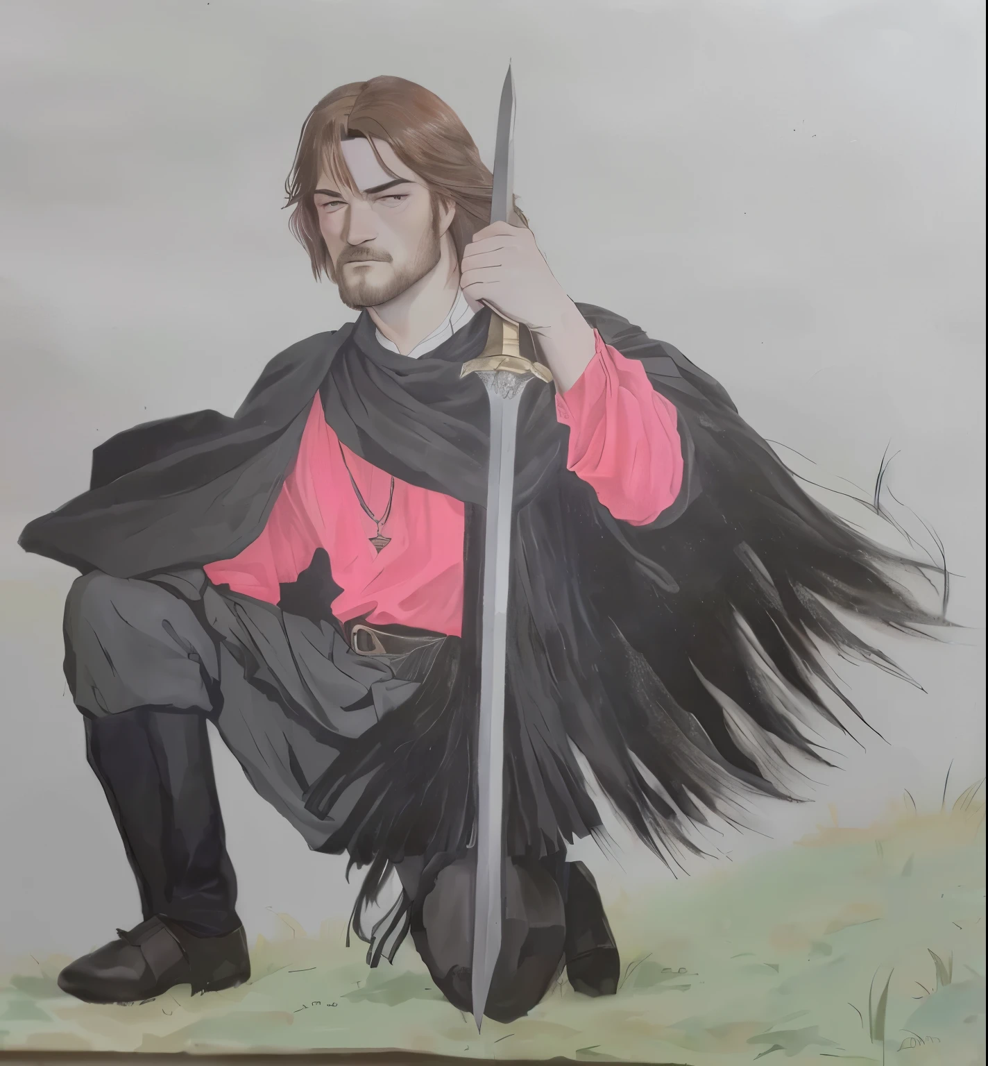 pintura de um homem com uma espada e uma camisa vermelha, como um personagem de fantasia medieval, inspirado em Robert Walker Macbeth, inspirado em Clovis Trouille, pintura de um cavaleiro, inspirado em Ambrosius Holbein, inspirado em Eleanor Fortescue-Brickdale, boromir em um 80\mundo dos animes, inspirado em Edmund Greacen