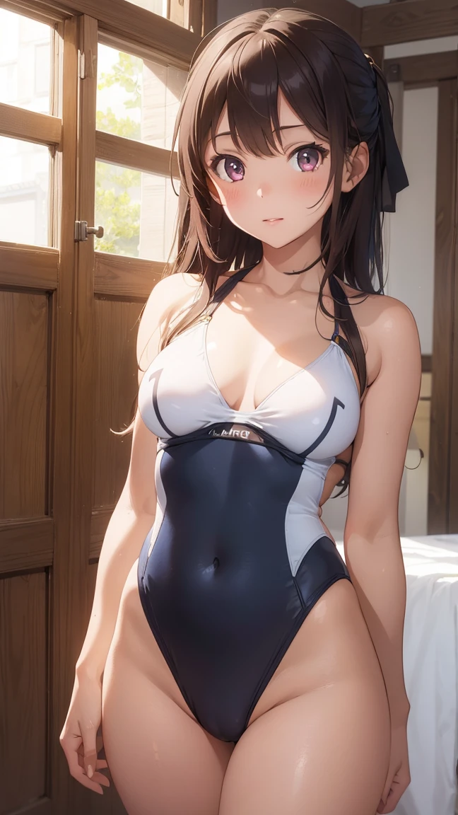 One girl, Natural light, masterpiece, Very detailed, figure, Game CG, Absurd, high quality, Beautiful attention to detail, Glossy Lips, Natural light, Medium chest, Claudia Walents, race, blush, indoor, One piece swimsuit