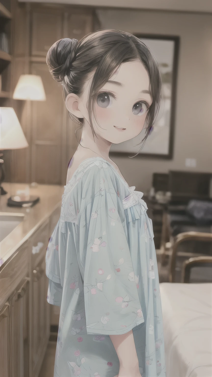 floral nightgown, from side, hair bun, looking at viewer, smile, lips, indoors