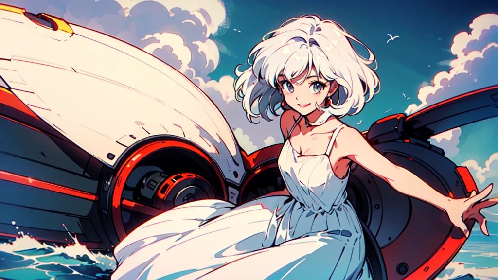 (80's, Retro, City Pop: 1.5), (Album cover), (Famous Songs, Highest quality), (anime, figure), (pastel colour: 1.4),
Best Photo Poses, Dynamic Angle, Gray bob hair, Cool impression, Shiny Hair, White Dress, mini skirt, girl, alone, smile, Perfect Eyes, Delicate face, Ocean,