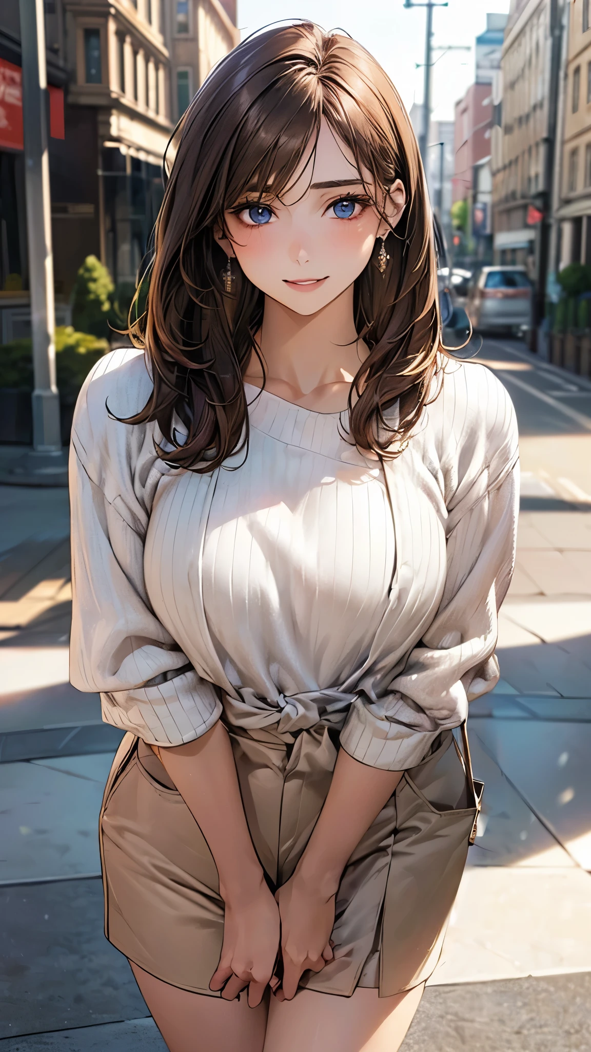 (masterpiece:1.2, top-quality), (realistic, photorealistic:1.4), beautiful illustration, (natural side lighting, movie lighting), depth of fields, (photograph),
beautiful detailed hair, beautiful detailed face, beautiful detailed eyes, beautiful clavicle, beautiful body, beautiful chest, beautiful thigh, beautiful legs, beautiful fingers,
looking at viewer, 1 girl, , (perfect anatomy, anatomically correct, super detailed skin), perfect face, parfect eyes, cute and symmetrical face, babyface,
(le hair, straight hair, sideburns:1.6, light brown hair), swept bangs, blue eyes, slant eyes, big eyes, long eye lasher, (medium breasts, seductive thighs), slender, white skin, shiny skin,
(middle sleeve white sweater, light brown tailored shorts),
(beautiful scenery), evening, (entranceway:1.2,), standing hands between legs, leaning forward, (lovery smile, upper eyes, parted lips),