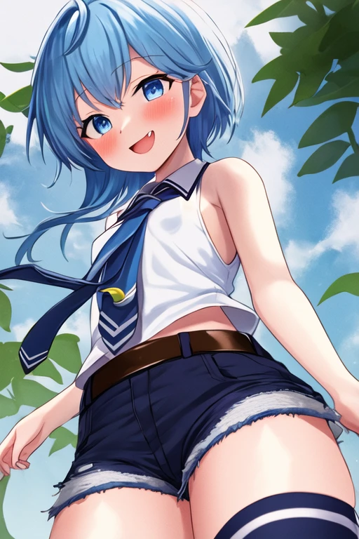 best quality, masterpiece, highres, solo, {minazuki_kantaicollection:1.15}, blue_hair, blue_eyes, asymmetrical_hair, from below, denim shorts, short_hair_with_long_locks, open_mouth, smile, blush, crescent, necktie, blue_necktie, crescent_pin