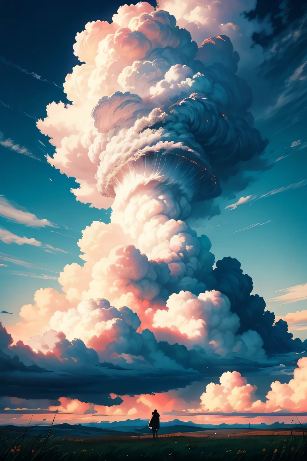 ((best quality)), ((masterpiece)), (detailed), there is a person holding an umbrella in a field under a blue sky, weather photography, girl clouds, giant clouds, red cumulonimbus clouds, big clouds, ominous red cumulonimbus clouds, unsplash contest winning photo, huge clouds, raining award winning photo, prize winning color photo, cumulus, big puffy clouds, large clouds