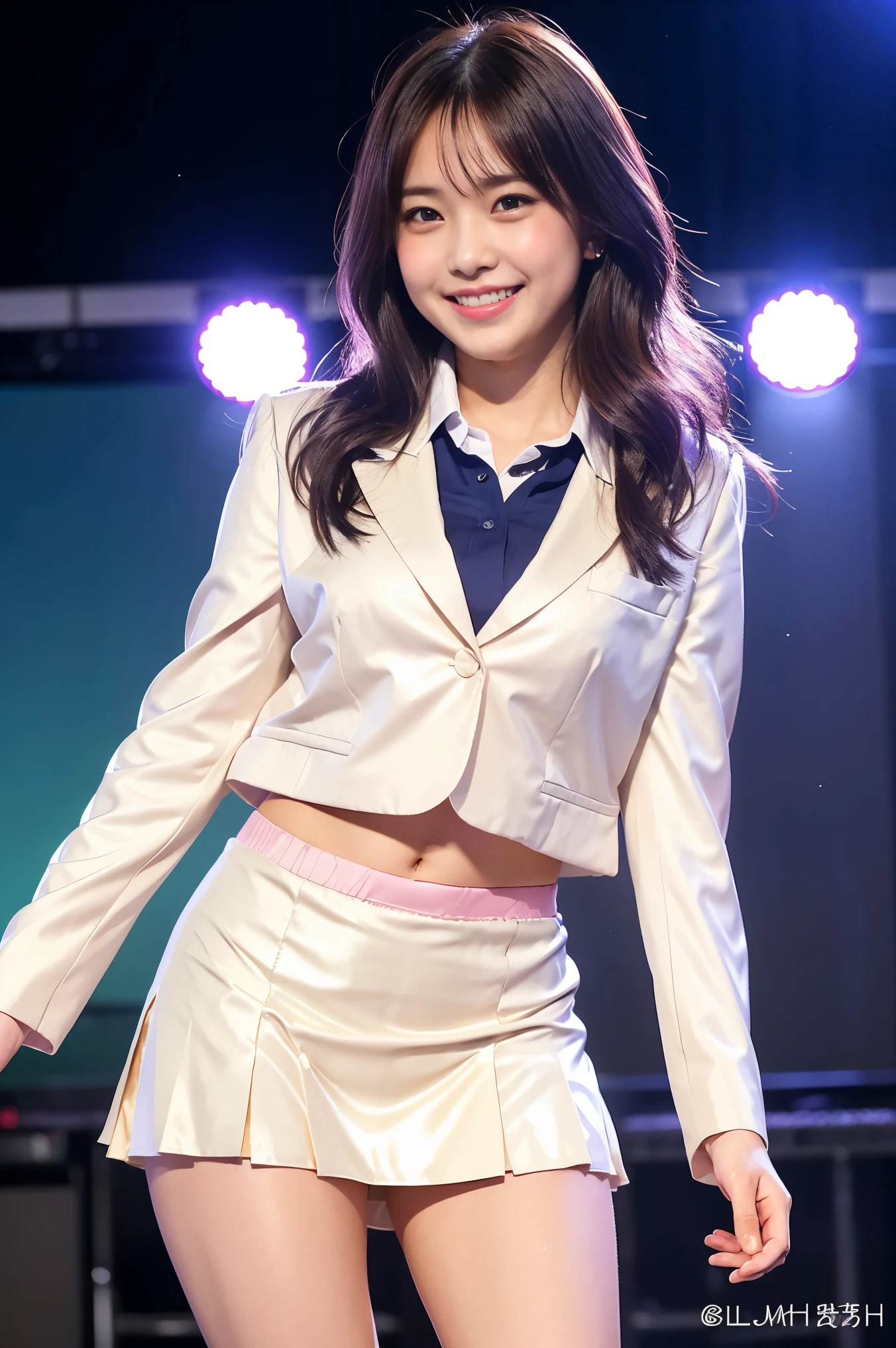 (8k), (highest quality: 1.2), (Realistic), (Realistic: 1.37), Ultra-high resolution, 1 girl, cute, (Embarrassed smile:1.2), (Blushing:1.4),Mouth closed, Beautiful details, Beautiful Nose, silky Hair, Thighs,Navel exposed,University Student Uniform,A simple light color blazer,Pleated skirt,Platform boots,Dancing on the school stage,(Shiny Thighs:1.4),Medium Shot,