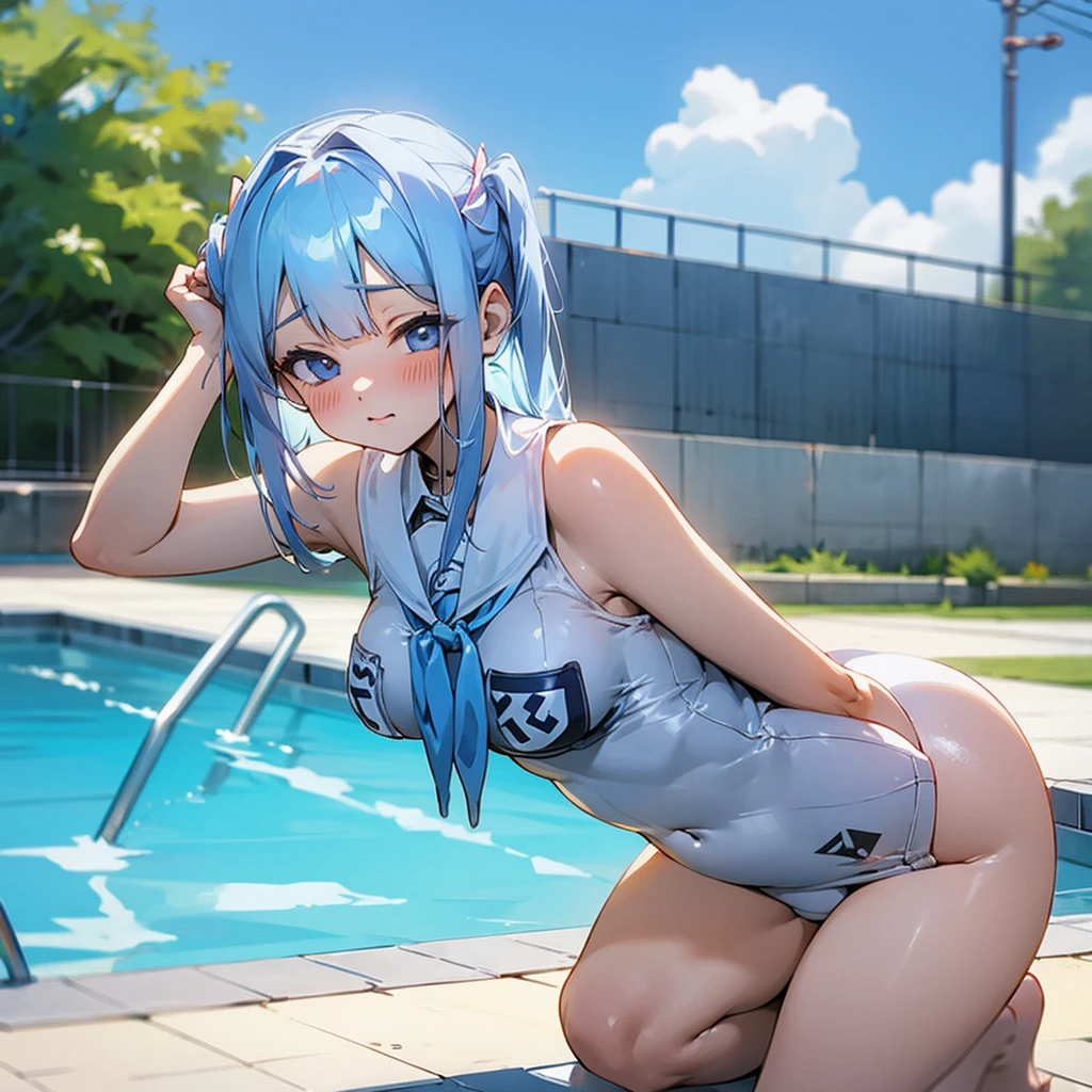 White school swimsuit,Leaning forward,Pool,blush