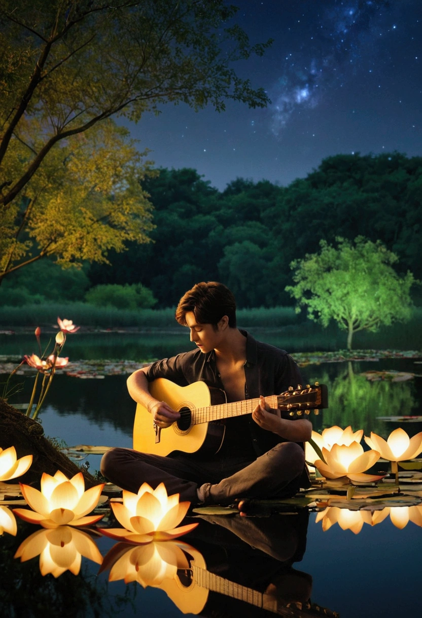 best quality)), ((masterpiece)), (detailed), 1 handsome boy playing guitar sitting near bank near pond filled of beautiful glowing lotus flower surrounded by trees in forest full picture from back nighttime scenery