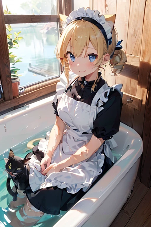 (Ultra high quality:1.6), (Highest quality:1.4), (Attention to detail:1.4), (Ultra-high resolution:1.6), (Detailed face:1.4), (Perfect Face:1,4), (Beautiful Eyes:1,6), (Detailed eyes:1.4), (Maid clothes, White apron, Headband, Black Dress, Blue ribbon, Maid clothes, Classic, Long:1.4), (白と黒のMaid clothes:1.6), (Blonde, Blue Eyes, Cat ear:1.4), cute, The best smile, Soaking wet, (全身にWater Drop:1.4), (Swimming in clothes, bathing, bath, Bathroom, Wooden bathtub:1.4), (relax, looks comfortable, Sit back, Sit back and relax:1.6),
(Water Drop:1.4), (Entering the bathtub with clothes on, Submersion:1.6), (つま先から胸までSubmersion:1.6), (Plenty of hot water, Submersion, Open your arms and relax:1,4), Submersion