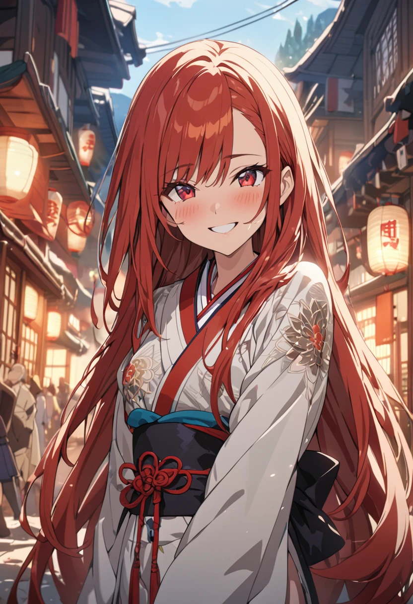 masterpiece, best quality, high quality, detailed, ultra detailed, hyper detailed, insanely detailed, exquisite, beautiful, FHD, Full-HD, 4K, 8K, 16K, highres, absurdres, woman, warrior, happy, smiling, tearful, standing, looking at viewer, very long hair, red hair, red eyes, tall, slender, glamorous, japanese clothes, blush, Happy Scene, in the town, in the afternoon, cel anime, headshot, from front, golden ratio