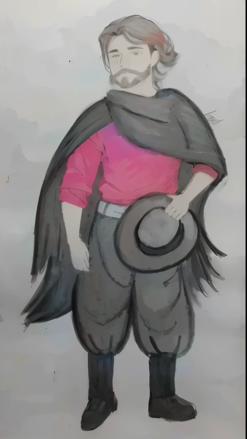 desenho de um nativo Gaucho, homem com red shirt, bomber pants, Gaucho, black poncho scarf, hat and beard, red shirt, with your black hair, water colour, pastel art, colourful drawing, colored pencil drawing