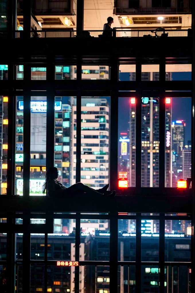 A cyberpunk-style Kowloon Walled City,There are densely packed windows or balconies on it,Combining high technology with low quality of life,night,Brightly lit