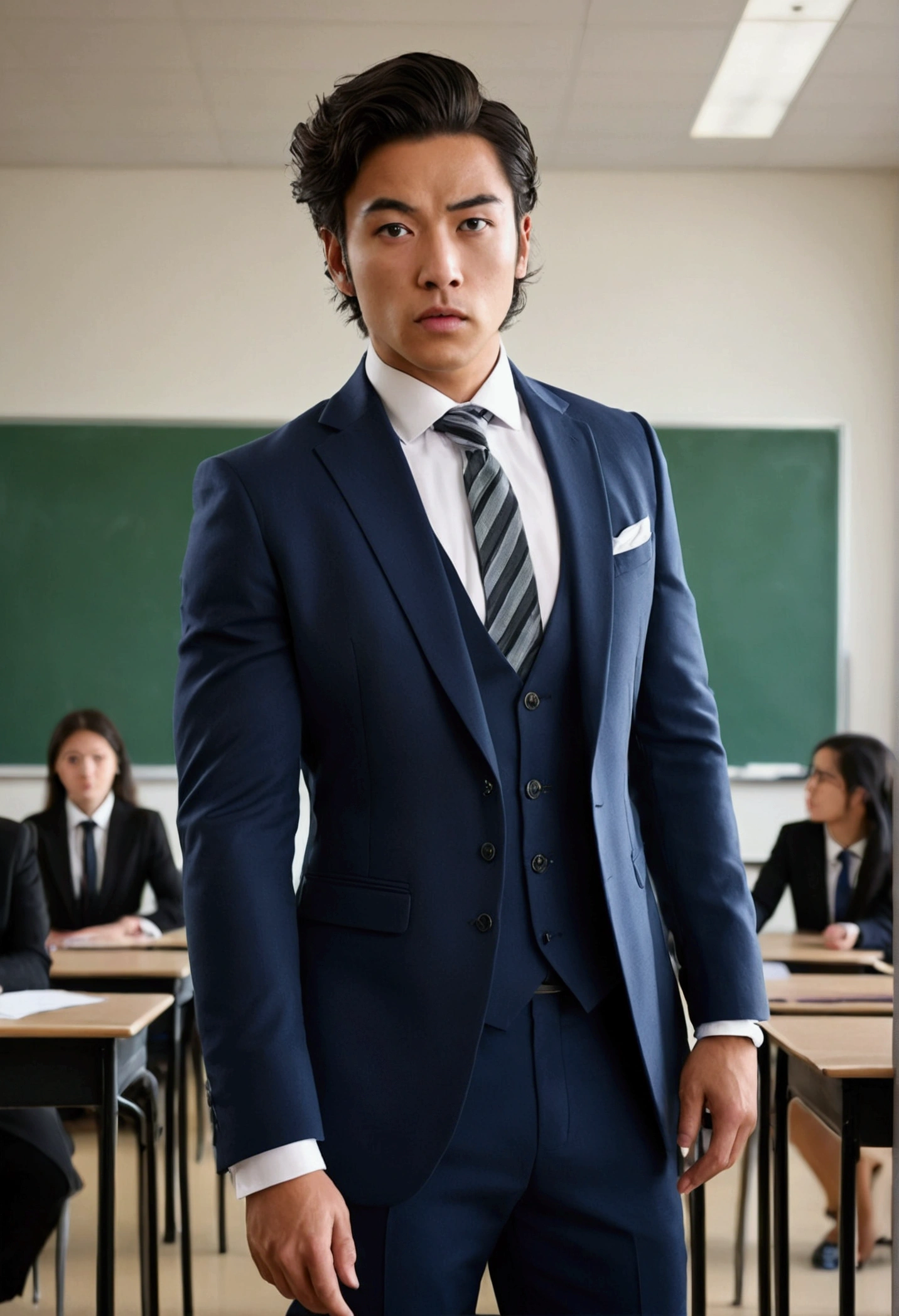 Dressed in a tailored suit, facing the viewer in the classroom and making an argument, a desperate formality, Professional, committed, high-quality portrayal,