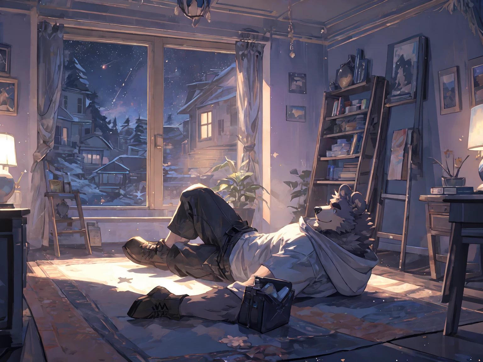 (masterpiece:1.2), best quality,pixiv,official art,perfect anatomy, (Ray tracing, light),solo, (1_male:1.3) , (muscle), (grey fur:1.4), (muscle bear), (beard:1.2), (gleaming golden eyes), bear tail, full body, Thick black eyebrows, (open short hoodie), (loose shirt inside),cargo shorts, black short boots,cover blanket, bedroom, lying on the sofa, french window , galaxy ,stars