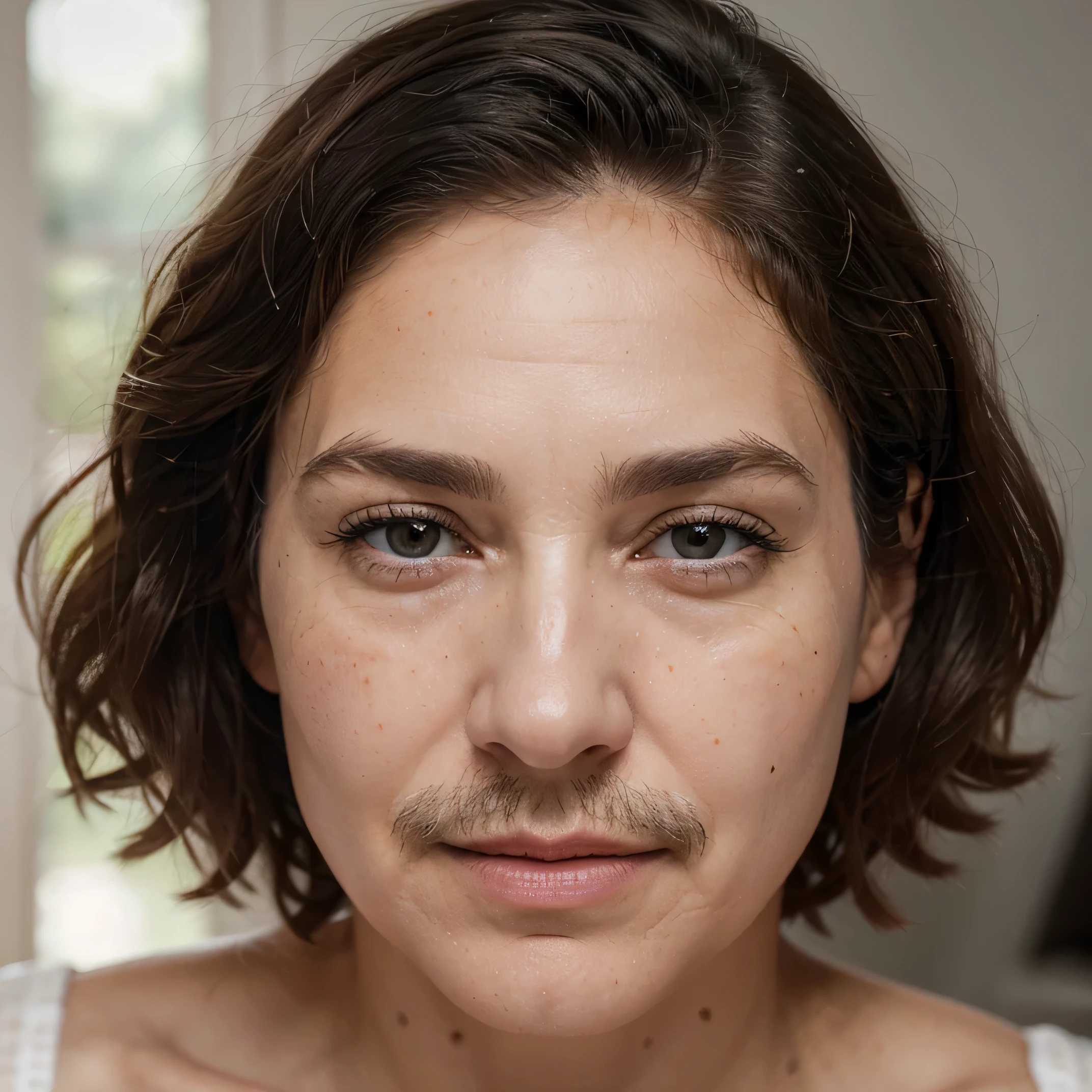 (best quality, ultra-detailed, realistic:1.37), big lips, 70 year old European female, grey curly short hair, brown eyes, high cheek bones, pale skin tone, shot on a Canon EOS R6 Mark II camera, looking over shoulder, soft lightning, visible beard hair, visible dark moustache, waxing face, plump pink lips, freckles on face, a lot wrinkles
