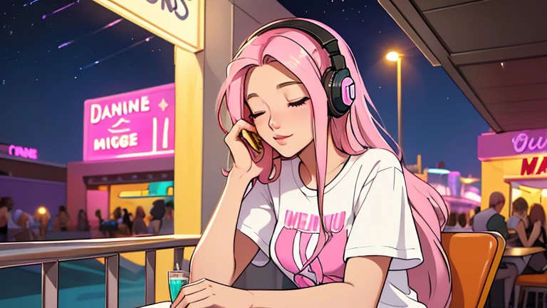 A beautiful young woman in her 20s with straight pink midium long hair, wearing headphones, sitting on the terrace of a night cafe, looking down with her eyes closed, lofi girl, t-shirt, mood, comfortable, Las Vegas, In-N-Out Burger