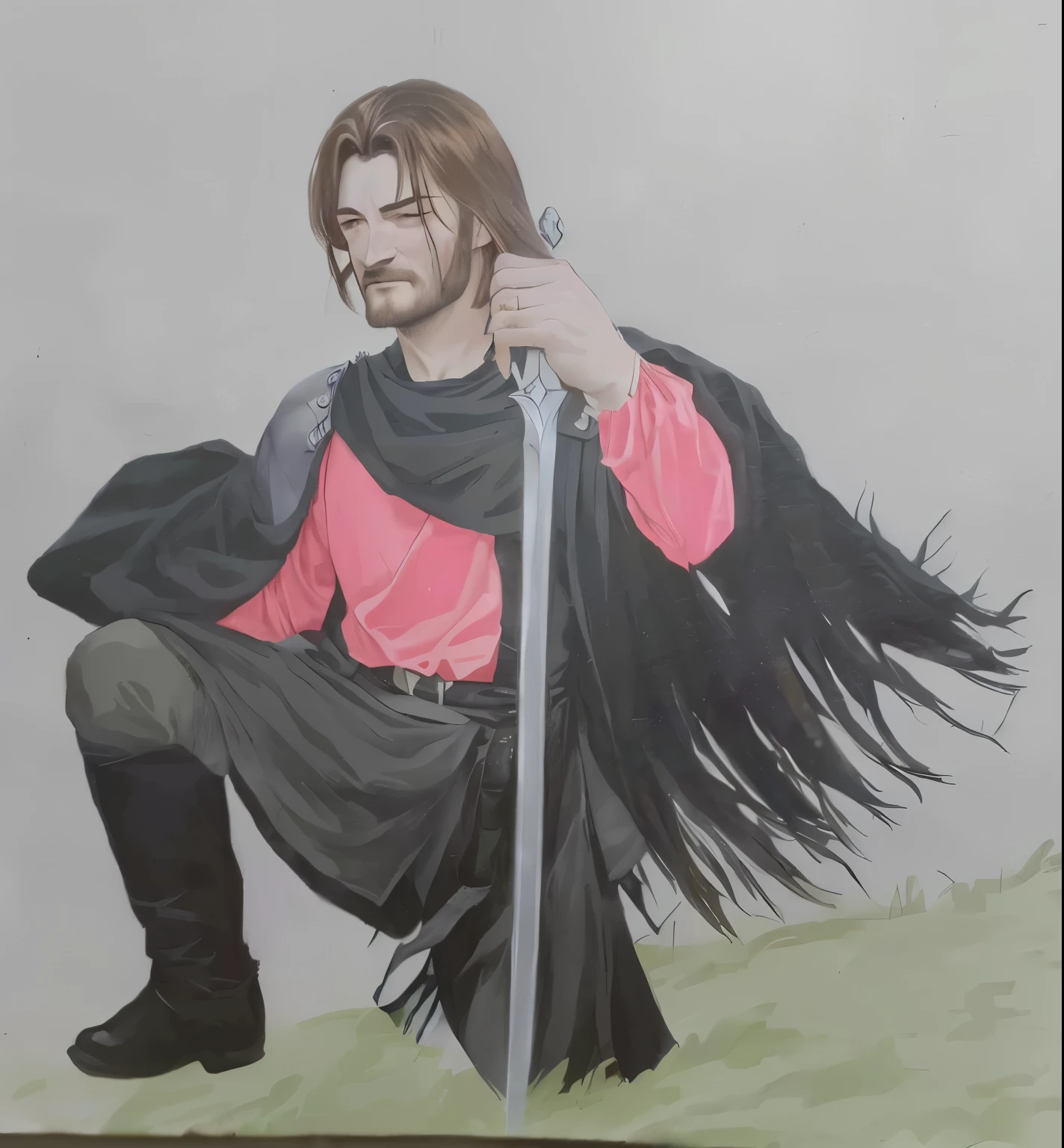 pintura de um homem com uma espada e uma camisa vermelha, como um personagem de fantasia medieval, inspirado em Robert Walker Macbeth, inspirado em Clovis Trouille, pintura de um cavaleiro, inspirado em Ambrosius Holbein, inspirado em Eleanor Fortescue-Brickdale, boromir em um 80\mundo dos animes, inspirado em Edmund Greacen