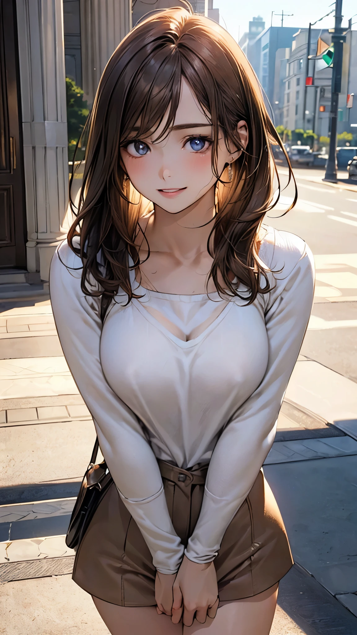 (masterpiece:1.2, top-quality), (realistic, photorealistic:1.4), beautiful illustration, (natural side lighting, movie lighting), depth of fields, (photograph),
beautiful detailed hair, beautiful detailed face, beautiful detailed eyes, beautiful clavicle, beautiful body, beautiful chest, beautiful thigh, beautiful legs, beautiful fingers,
looking at viewer, 1 girl, 19 years old, (perfect anatomy, anatomically correct, super detailed skin), perfect face, parfect eyes, cute and symmetrical face, face,
(middle hair, straight hair, light brown hair), swept bangs, blue eyes, slant eyes, big eyes, long eye lasher, (medium breasts, seductive thighs), slender, white skin, shiny skin,
(middle sleeve white sweater, light brown tailored shorts), brown bag,
(beautiful scenery), evening, (entranceway:1.2,), standing hands between legs, leaning forward, (lovery smile, upper eyes, parted lips),