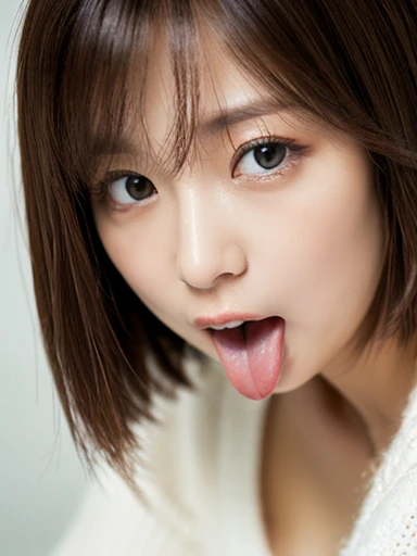 ((Highest quality)), (Like the picture:1.4),((8k))、White wall、(White Room)、((Full body photo))、Photographed in natural light、Highly detailed face and skin texture、Highly detailed lips、The correct state of the human body、Ultra-high resolution、(Photorealistic:1.4)、Highest quality, One beautiful woman, 38 years old, S, 150mm lens、Light Yellow Knit、(Dark brown medium short hair)、Japanese women、(Dark brown hair)、Various poses、Looking into the camera、Natural color lip、She is completely naked and sticking out her tongue while giving a blowjob to a man's crotch.、 necklace、indoor