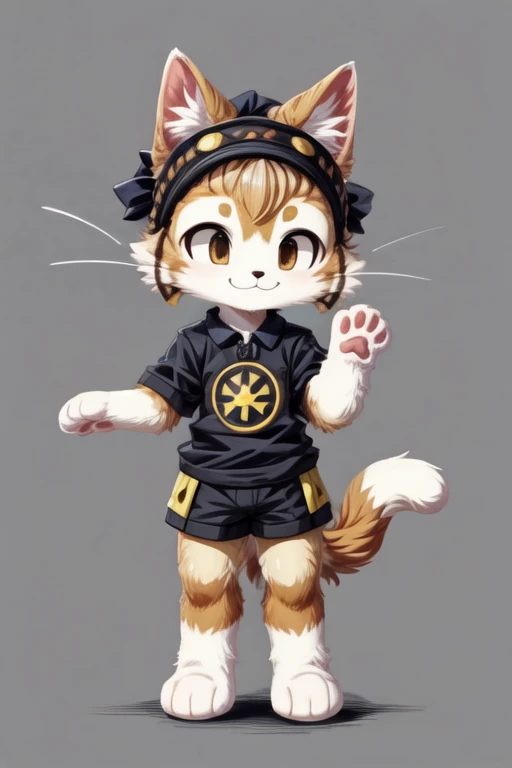 score_9, score_8_up, score_7_up, with Short sleeves , fake animal ears, animal ears, cat ears, paw gloves, cat paws, paw pose, smile, standing, simple background