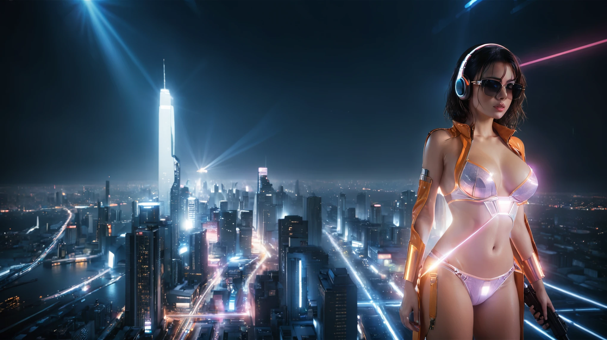 (((aerial view))), Blade Runner style futuristic city, neon lights, at night. (1girl, solo, alone), large-breast:1.2 slim body, cleavage:1.1, sexy lingerie with wet jacket, headphone, (black sunglasses), (((she raised a pistol:1.8 and shot:1.8 the viewer))), dynamic pose, (((half-body thigh level medium shot))), cinematic lighting, lens flare, ray tracing, blurred:1.4 background.