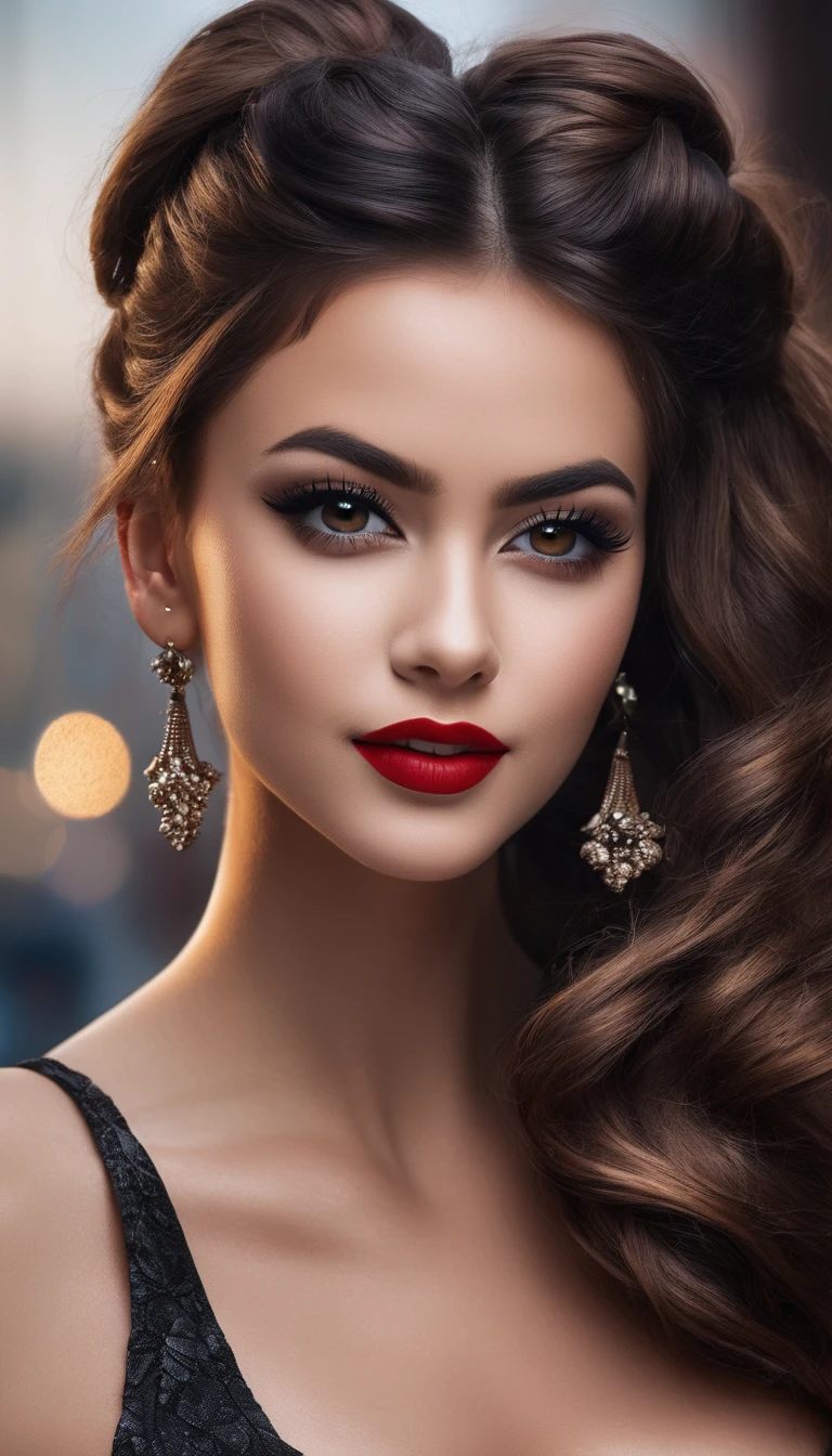 very strong dark eye makeup with black pencil to emphasize the eye contours, Red lips, random hair, beautiful face, delicate sexy smile, delicate skin great attention to character details, very long brown Mohawk hair, matte background, busty, ?????, sexy bombshell, 8k, 3D