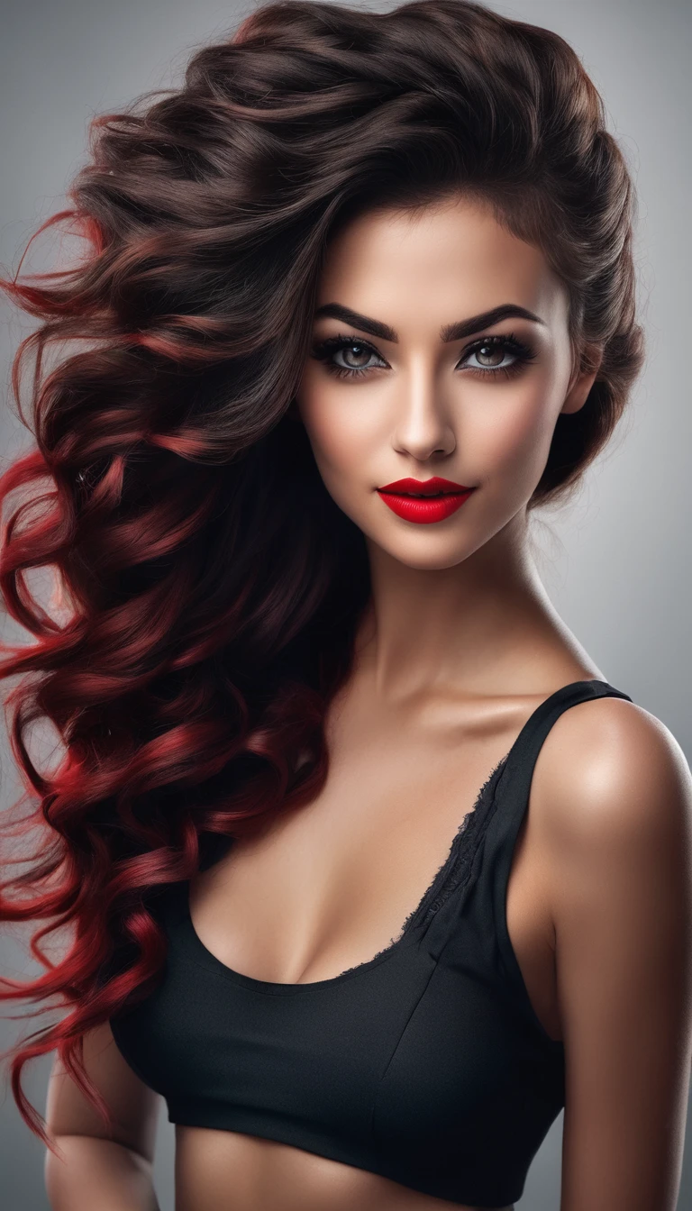 very strong dark eye makeup with black pencil to emphasize the eye contours, Red lips, random hair, beautiful face, delicate sexy smile, delicate skin great attention to character details, very long brown Mohawk hair, matte background, busty, bimbo, sexy bombshell, 8k, 3D