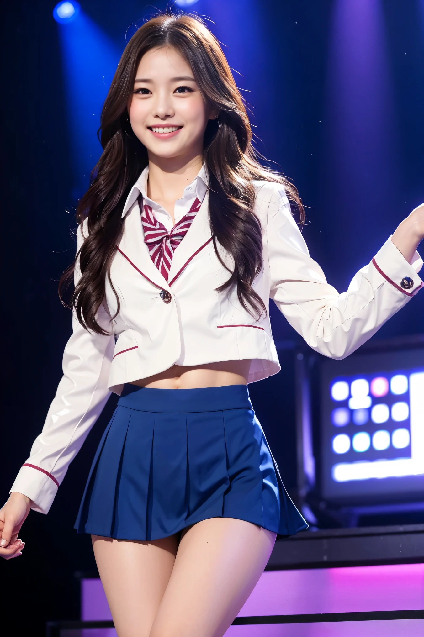 (8k), (highest quality: 1.2), (Realistic), (Realistic: 1.37), Ultra-high resolution, 1 girl, cute, (Embarrassed smile:1.2), (Blushing:1.4),Mouth closed, Beautiful details, Beautiful Nose, silky Hair, Thighs,Navel exposed,University Student Uniform,A simple light color blazer,Pleated skirt,Platform boots,Dancing on the school stage,(Shiny Thighs:1.4),Medium Shot,