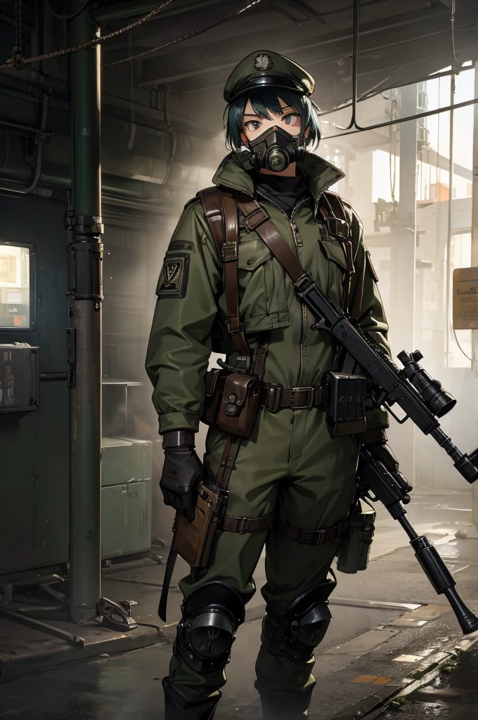 Dieselpunk army liutenant with a gas mask and a rifle 