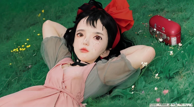 Black Hair:At shoulder length、A little disheveled。
Red ribbon:髪を束ねているRed ribbonをしている。
expression:リラックスしたexpressionで、Looking up at the sky。
Costume:Wearing a pink one-piece、Grey sleeves and collar。
Pause:Lying on his back on the grass。
background:Lying on the grass、Wildflowers blooming all around。
Small items:To her right is a red radio.。
photograph,8k,Highest quality,Best details