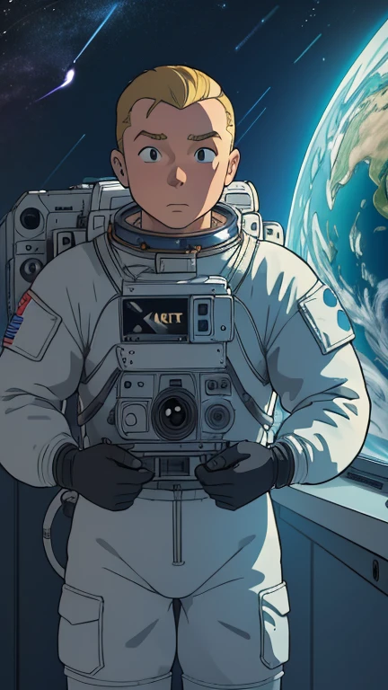 (Teens:1male: Tintin), (extremely detailed CG unit 8k wallpaper),(master part), (best quality), (ultra detali), (best illustration),(melhor ombre), cowboy shot, (Sharp eyeliner, ombre, detailed eyes:1), dark neon light space station indoors background, ,break , (StudioGhibliStyleHMC), upper body, very short hair,blonde hair,spacesuit