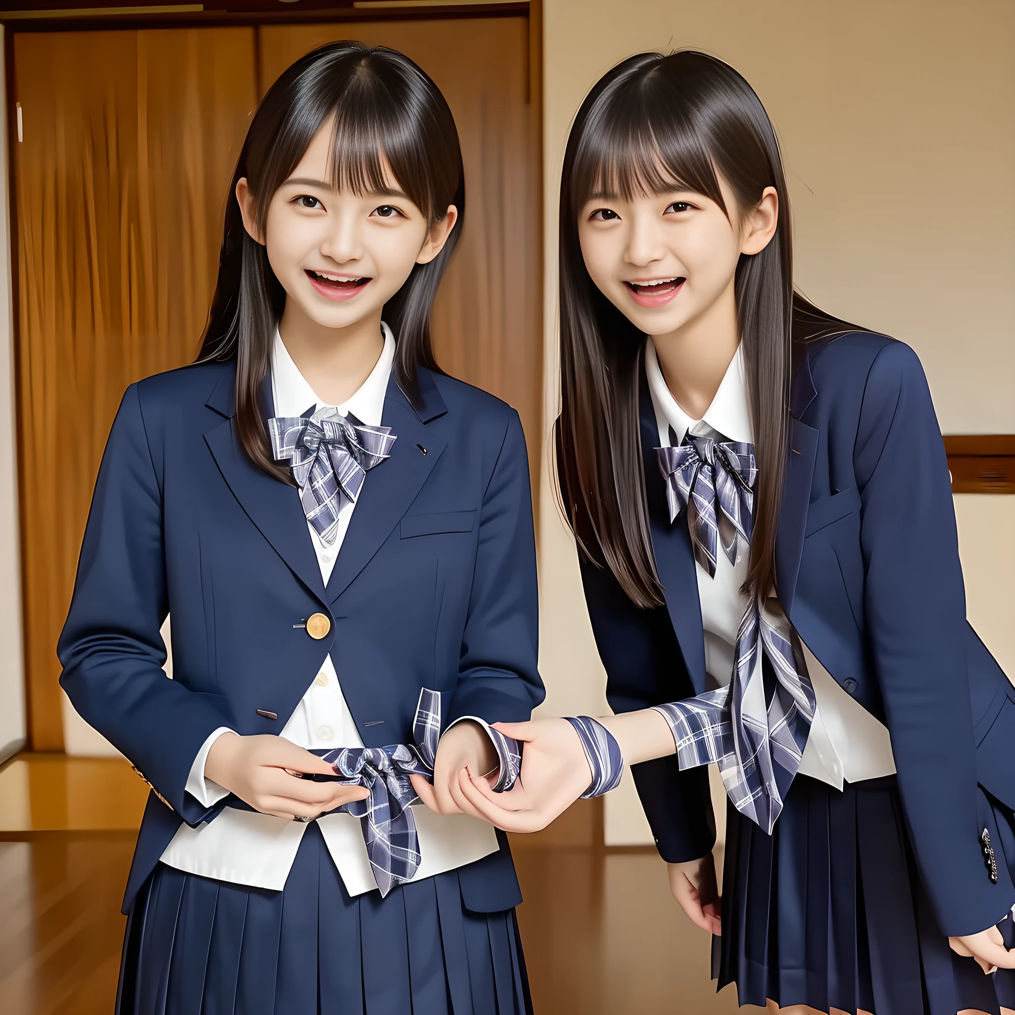 (Highest quality, masterpiece:1.2), Highest quality, High resolution, 1080P, 8k, height: 158cm, ((A noble, graceful and intelligent 14yo Japanese young idle who has a best proportion is surprised opening her eyes widely and laughing at me with shedding tears!: 1.5)), ((So sweet, very noble, neat, and pretty 14yo Japanese beautiful fashion magazine models are giggling at me: 1.6)), ((((Very pure white face and limbs)))), Glossy Lips, (Evenly cut curled bangs), ((Very beautiful, droopy, cute, pure, noble, intelligent brown eyes with detailed: 1.6)), ((Super long, black straight hair )), (Very shiny, glossy Lips), ((Beautiful straight hair like a school promotion model)), Watch at you, ((Incredibly well organized, Rich facial expressions)), ((Plump and beautiful white skin and face)), ((Pure, clear, gentle brown eyes)), ((staring at me)), Glossy Lips, ((Noble and elegant)), Very beautiful blue skirt, ((Large upward-curving lips)), ((((Navy gorgeous Japanese school blazer with noble golden emblem)))), ((Navy and sapphire blue Japanese school gorgeous uniform)), ((Tartan check pattern dark blue pleated long gorgeous skirt)), ((Cobalt blue string chest ribbon)), ((((An ecstatic expression of boundless joy)))), (((Beauty and fashion magazine for young girls))), ((Cute beautiful knees)), ((Well-shaped ample breasts)), ((Tilting his head and smiling)), ((many dark ghosts and wraiths are behind her: 1.5)), (Laughing loudly holding your stomach because the viewer is too funny: 1.0), ((Too beautiful women to stop falling into them: 1.6)) 