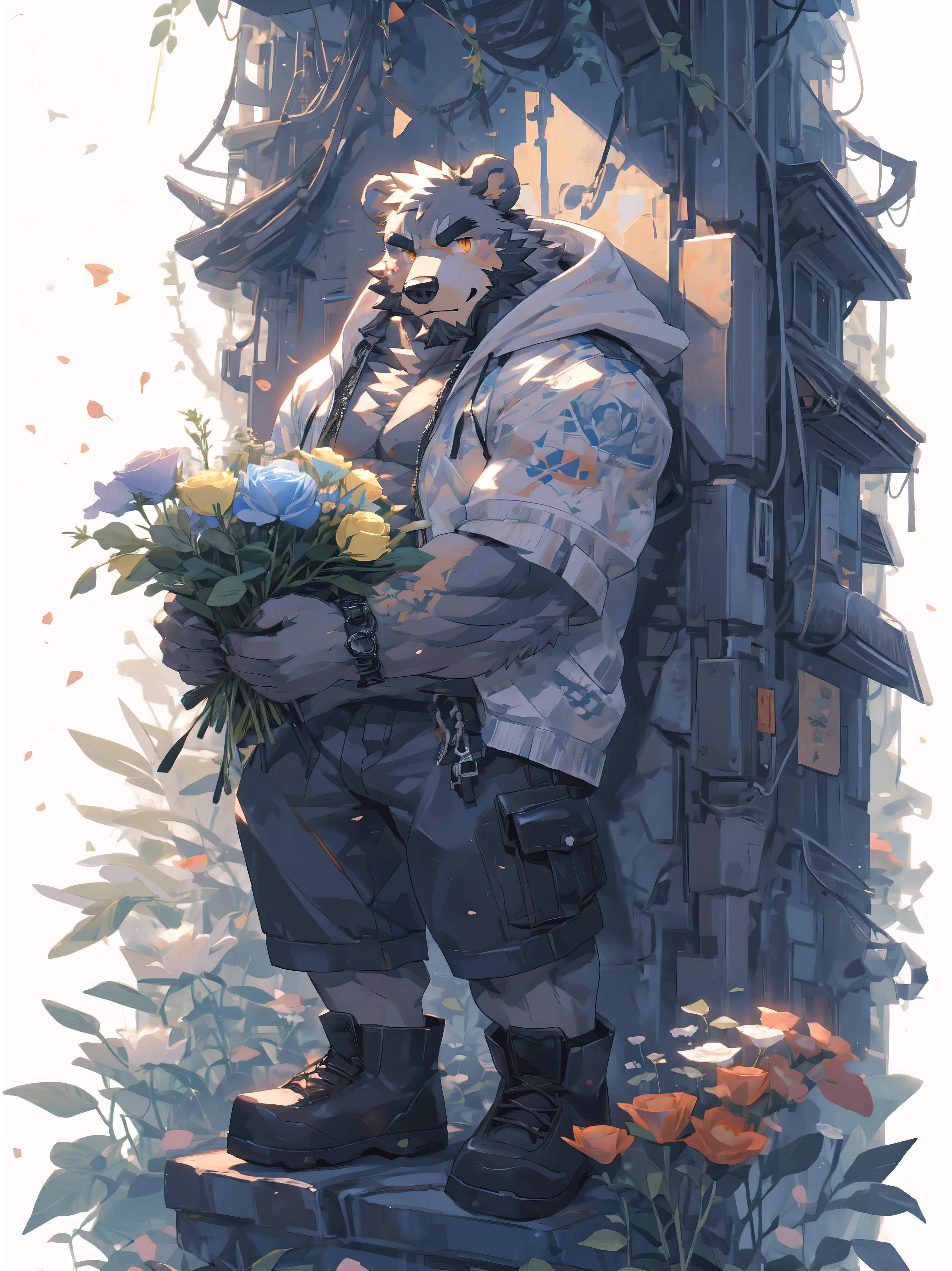 ultra-detailed,extremely detailed and beautiful, sky and white cloud and sunset glow background,ultra-detailed birds, (floating city in bloom, Floating petals, blooming gardens in the sky, many vines on the wall:1.2),Imagination,(masterpiece:1.2), best quality,pixiv,official art,perfect anatomy, (Ray tracing, light),solo, (1_male:1.3) , (muscle), (grey fur:1.4), (muscle bear), (beard:1.2), (gleaming golden eyes), bear tail, full body, Thick black eyebrows, (open short hoodie), (naked inside),cargo shorts, black short boots, (pure white background: 1.3), looking at viewer,dynamic pose, (holding a bouquet:1.3)