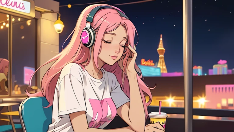 A beautiful young woman in her 20s with straight pink  midium long hair, wearing headphones, sitting on the terrace of a night cafe, looking down with her eyes closed, lofi girl, t-shirt, mood, comfortable, Las Vegas, In-N-Out Burger