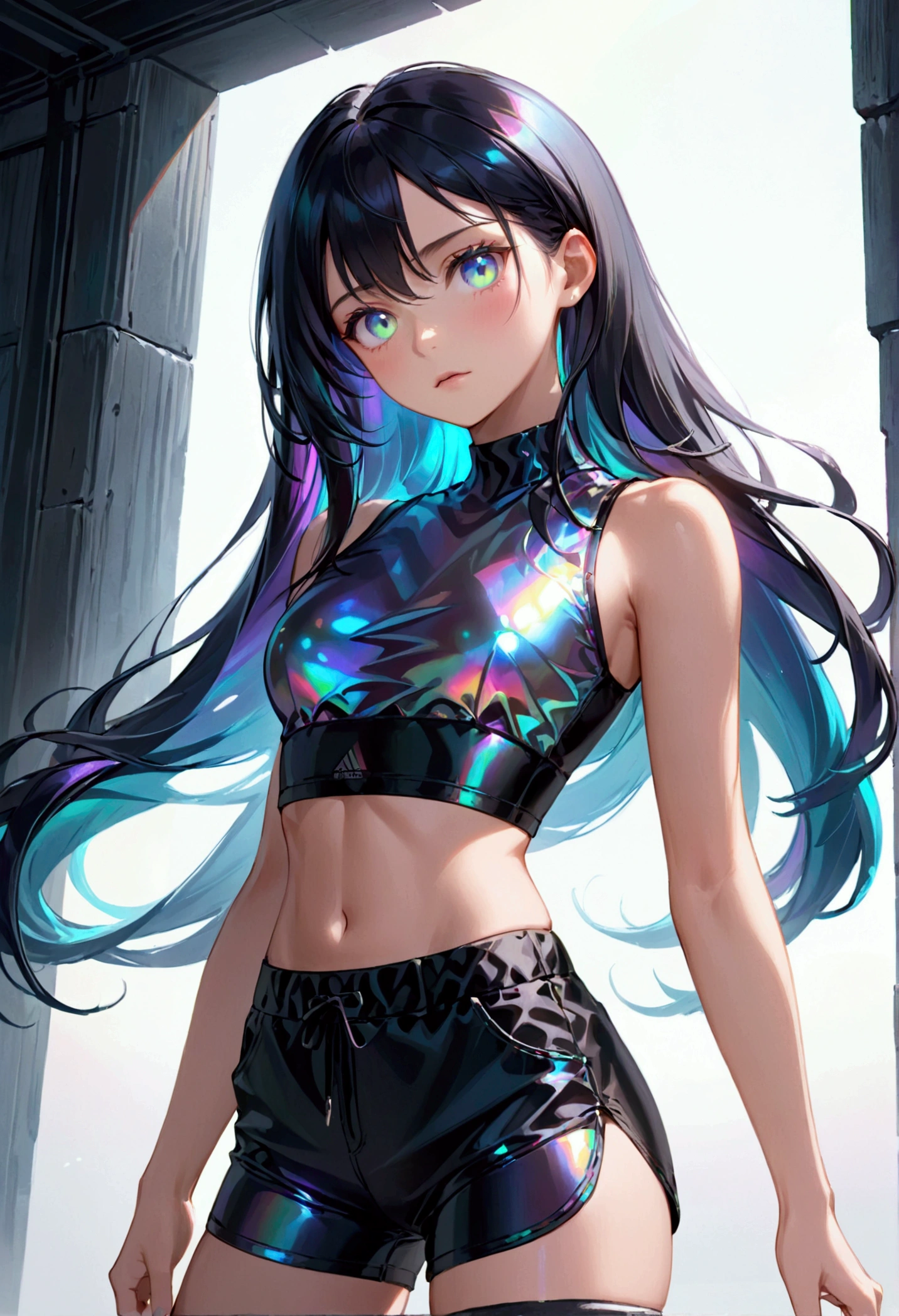 Long dark iridescent hair, expressive iridescent eyes,tall rectangular body figure,abbs,black croptop and black shorts,8k, best quality, high resolution. 