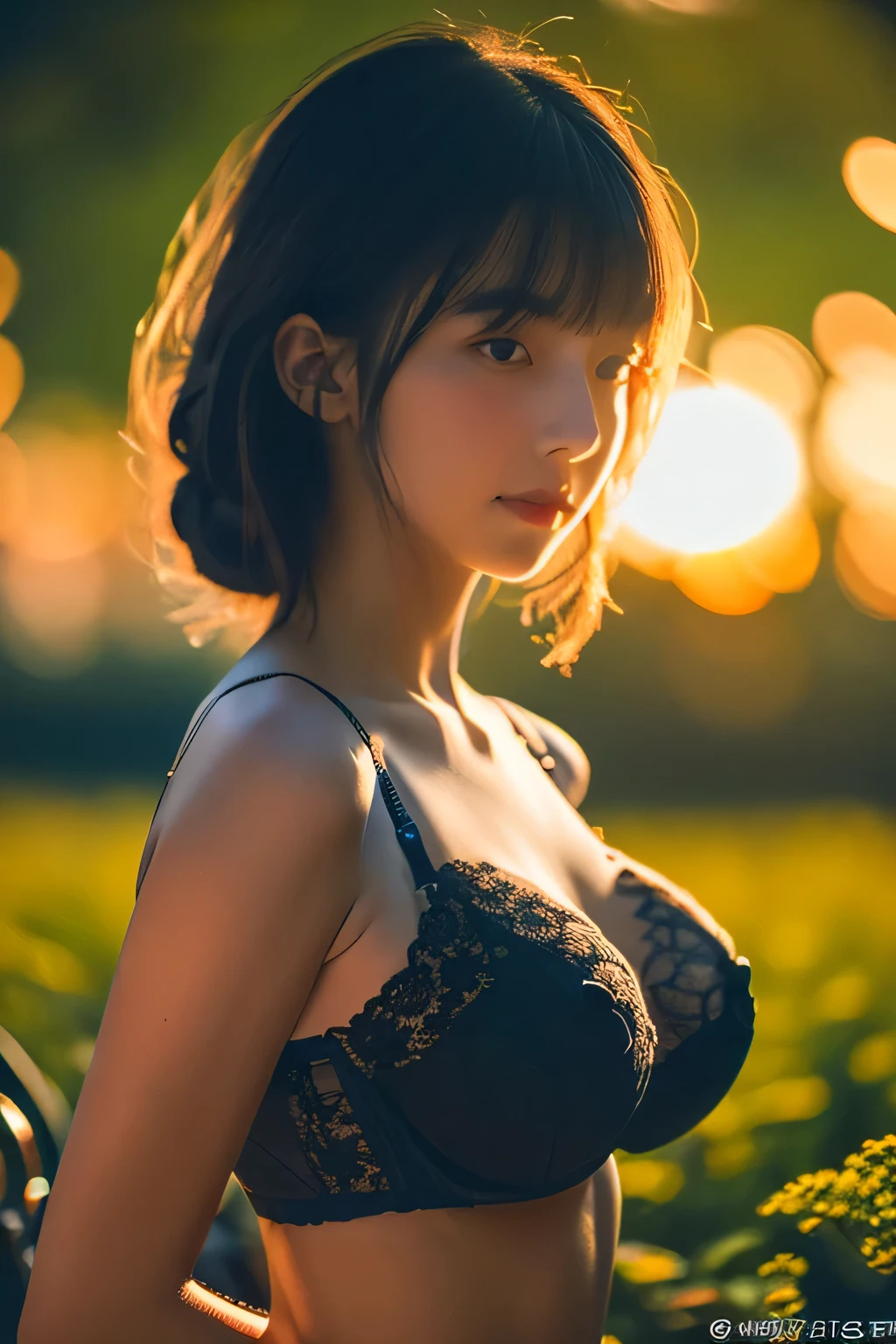 best quality, Masterpiece, Ultra high resolution, (realistic:1.4), raw photos, 1 girl, Off the shoulder, in the dark, deep shadow, low voice, cool light ,bare ((์black lace bra and tight denim shorts)) , Sunset light filters through light particles, lens flare, Fine dust reflected in light (large breast) Louver glass window and meadow view