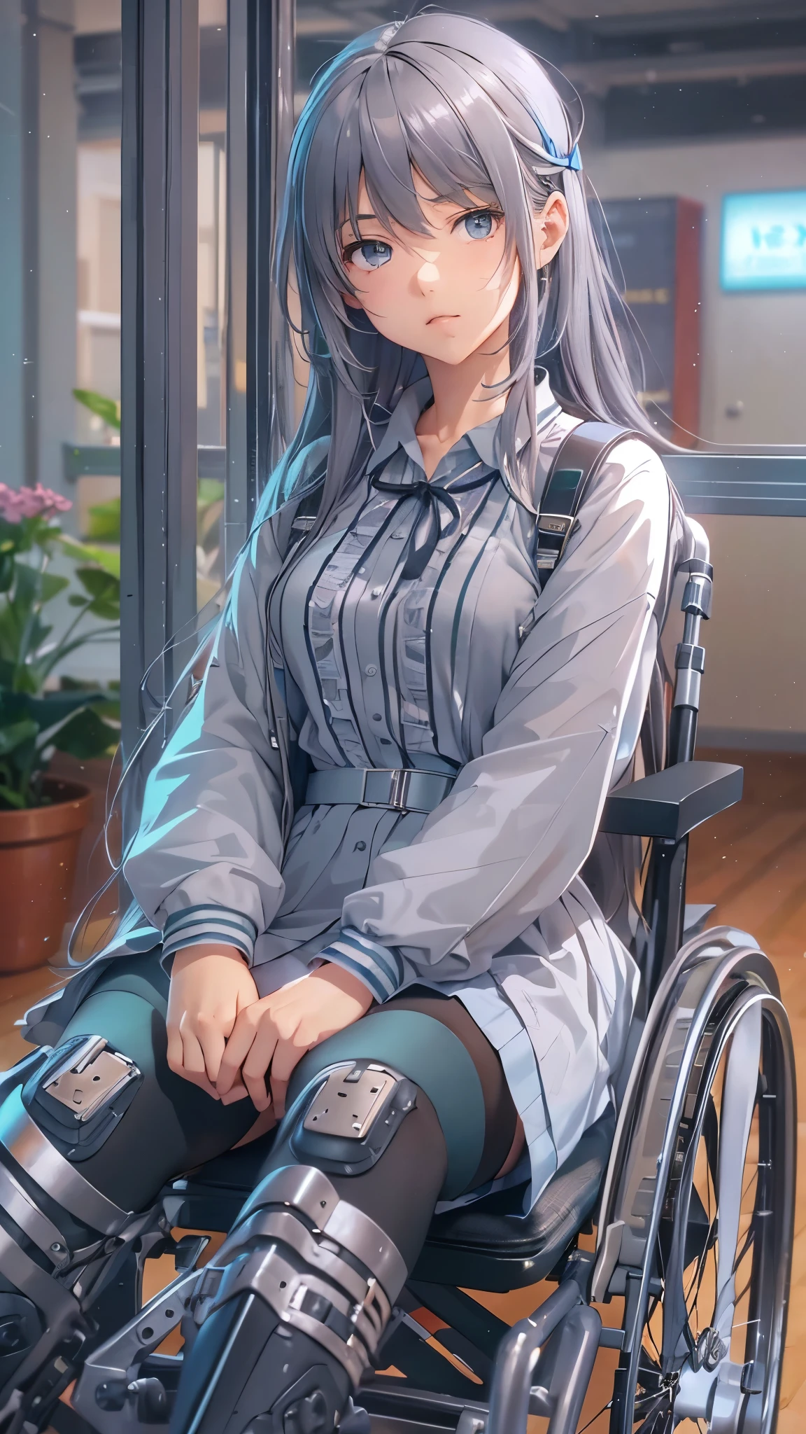 (Highest quality,4K,8k,High resolution,Tabletop:1.2), Very detailed, (Realistic,photoRealistic,photo-Realistic:1.37),(whole body),((In the hospital)),Sickly beautiful girl, sad,I was surprised,((Gray hair color)),((Long Hair)),((She is in a wheelchair)),((She is pushing a wheelchair)),((She has difficulty walking)),((She is a wheelchair user)),((Hair above the eyes)),((school uniform,Jumper skirt,ribbon,blouse)),((Wear black open-finger gloves)),((Leg Brace)),((Casts on her legs)),((Knee pads)),((Leg braces)),Espadrilles,Beautiful and detailed, Beautiful lip detail, Very detailed目と顔, Long eyelashes, Realistic anime 3D style, Smooth anime CG art, Digital rendering by Makoto Shinkai, Moe anime art style, photoRealistic rendering of an anime girl, Shinkai Makoto style, Cute anime girl visuals, Realistic young anime girl, Girl Fanart, Works by anime artists'Studio.