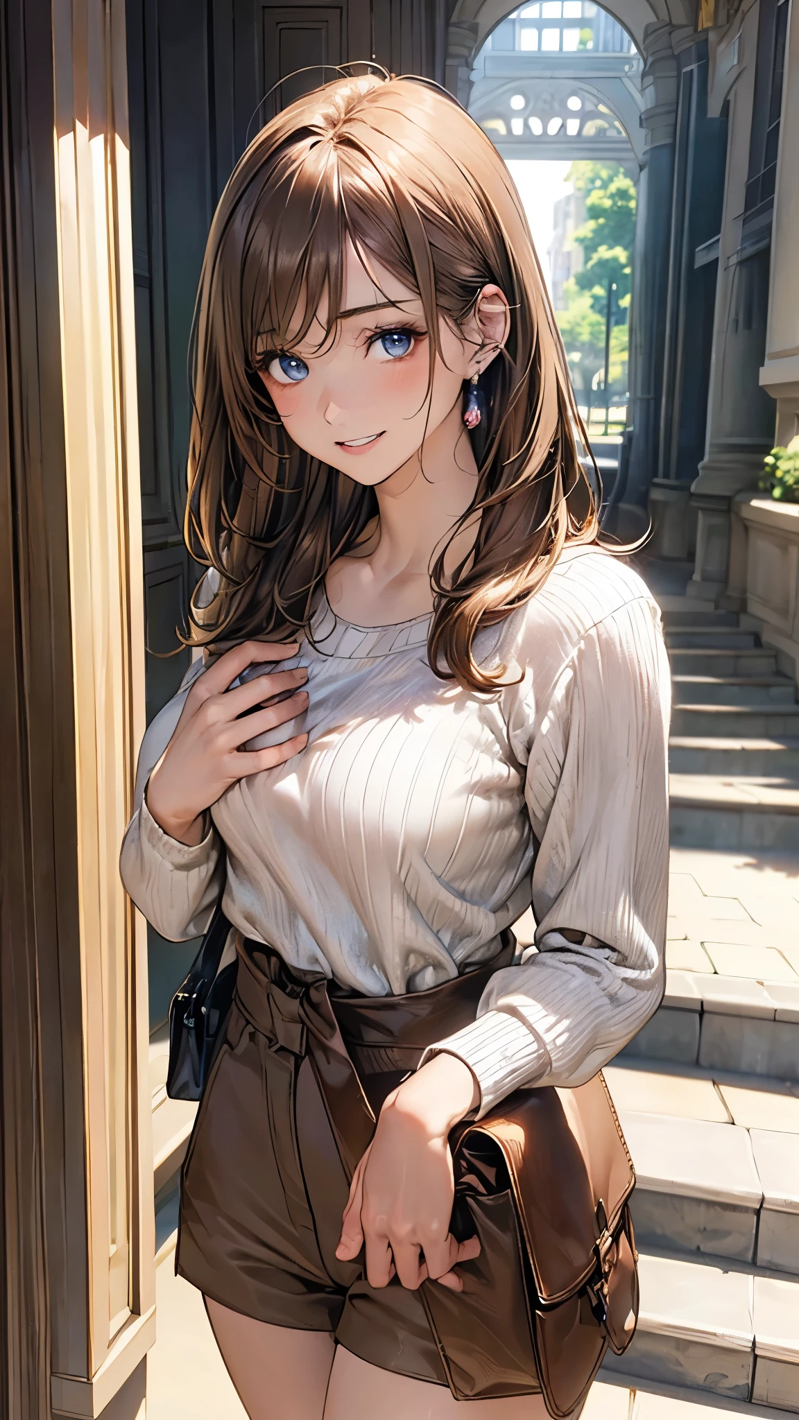 (masterpiece:1.2, top-quality), (realistic, photorealistic:1.4), beautiful illustration, (natural side lighting, movie lighting), depth of fields, (photograph),
beautiful detailed hair, beautiful detailed face, beautiful detailed eyes, beautiful clavicle, beautiful body, beautiful chest, beautiful thigh, beautiful legs, beautiful fingers,
looking at viewer, 1 girl, 19 years old, (perfect anatomy, anatomically correct, super detailed skin), perfect face, parfect eyes, cute and symmetrical face, babyface,
(middle hair, straight hair, light brown hair), swept bangs, blue eyes, slant eyes, big eyes, long eye lasher, (medium breasts, seductive thighs), slender, white skin, shiny skin,
(middle sleeve white sweater, light brown tailored shorts), brown bag,
(beautiful scenery), evening, (entranceway:1.2,), standing hands between legs, leaning forward, (lovery smile, upper eyes, parted lips),