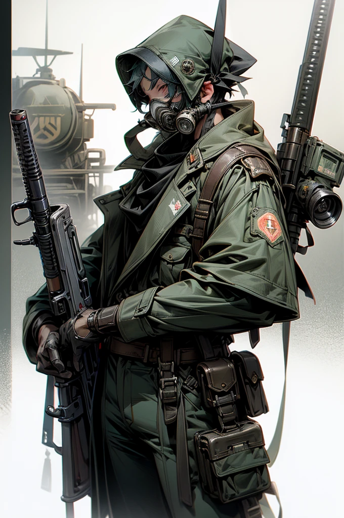 Dieselpunk army liutenant with a gas mask and a rifle