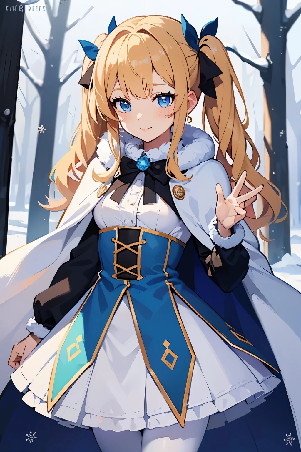 Safe for work, masterpiece, best quality, solo, 1 girl, cute girl, wholesome girl, (young female body:1.4), ( medium small breasts), cowboy shot, shy smile, flustered, yellow golden hair, extra long hair, thick wavy hair, hime cut, voluminous twin tails, very blunt bangs, light blue eyes, detailed eyes, outside, snowy woods, standing, icy blue dress, light blue winter dress, dress with white fur, white cotton pantyhose, winter, long sleeve, blue dress, snowflake print on dress, thick winter blue dress, white fluffy fur trimmings, white fur, warm, blue dress, blue cloak, fluffy cape, cape over shoulder, dark blue cape, blue bows