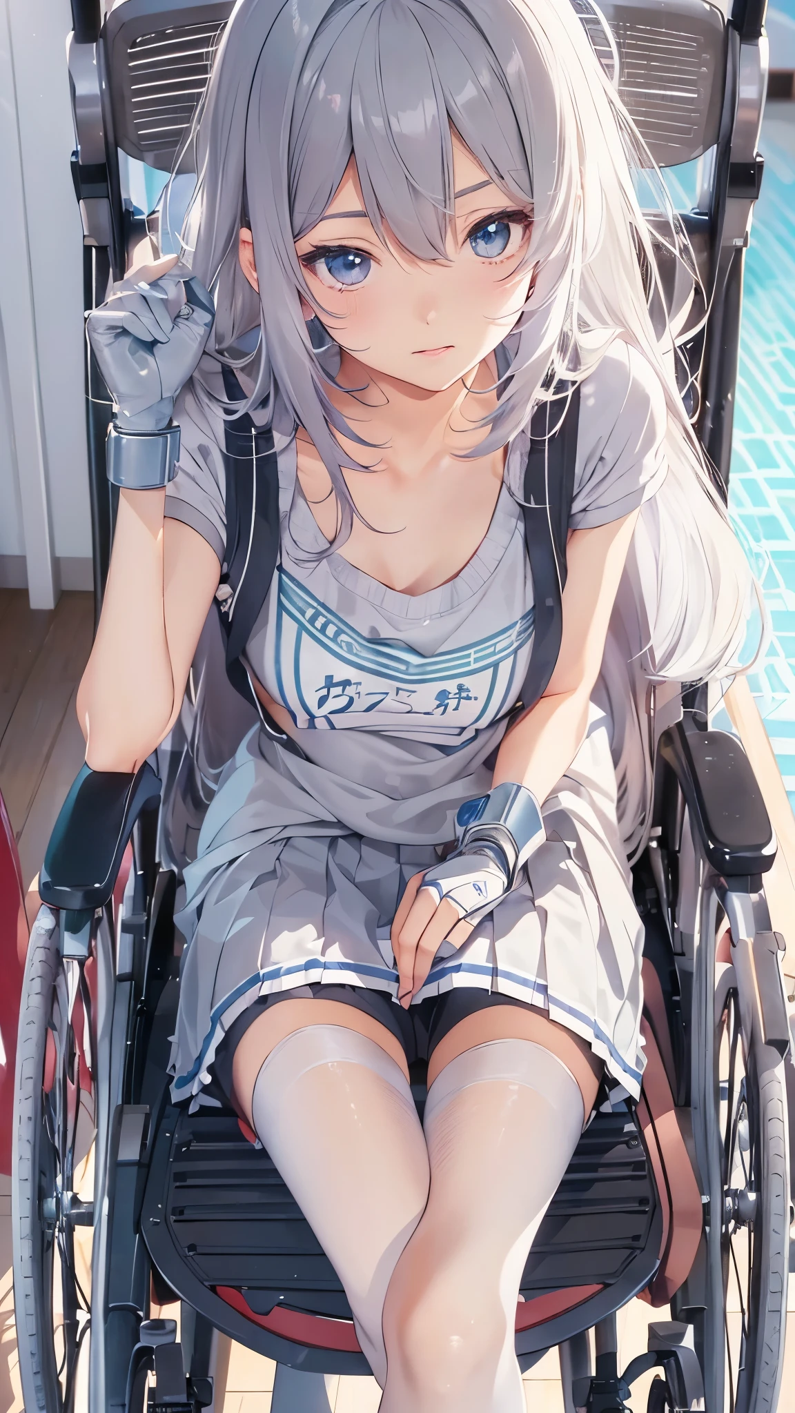 (Highest quality,4K,8k,High resolution,Tabletop:1.2), Very detailed, (Realistic,photoRealistic,photo-Realistic:1.37),(whole body),((In the hospital)),Sickly beautiful girl, sad,I was surprised,((Gray hair color)),((Long Hair)),((She is in a wheelchair)),((She is pushing a wheelchair)),((She has difficulty walking)),((She is a wheelchair user)),((Hair above the eyes)),((school uniform,Jumper skirt,ribbon,blouse)),((Wear black open-finger gloves)),((Leg Brace)),((Casts on her legs)),((Knee pads)),((Leg braces)),Espadrilles,Beautiful and detailed, Beautiful lip detail, Very detailed目と顔, Long eyelashes, Realistic anime 3D style, Smooth anime CG art, Digital rendering by Makoto Shinkai, Moe anime art style, photoRealistic rendering of an anime girl, Shinkai Makoto style, Cute anime girl visuals, Realistic young anime girl, Girl Fanart, Works by anime artists'Studio.