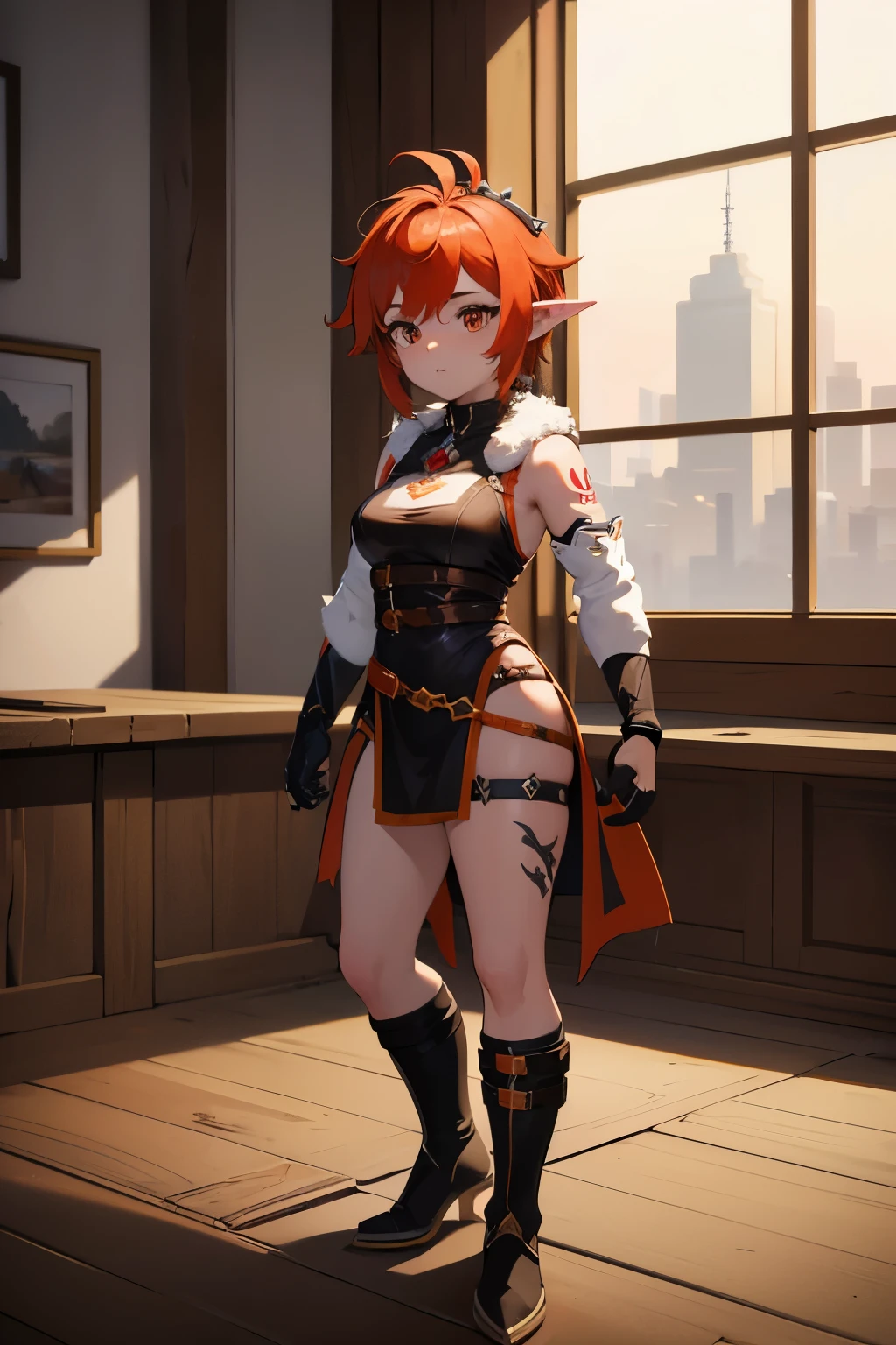 Masterpiece artwork, best qualityer, detailded, kinematics, 4K, a halfling beautiful halfling woman, short stature with short legs, wearing leather and fur coat with tattoos, showing orange mohawk hair down to the feet
