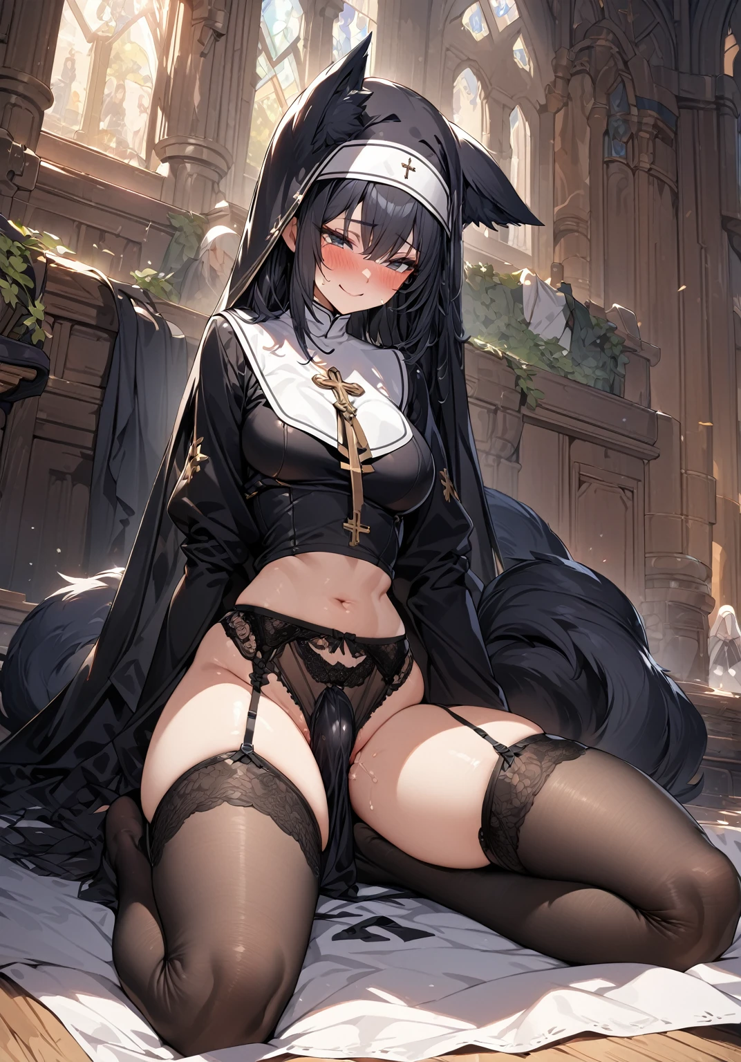 (extremely detailed CG unity 4k wallpaper),(masterpiece),(best quality),(ultra-detailed),(best illustration),(best shadow),(absurdres),(detailed background), black nun, black nun veil, Big Bulge futanari, cumming under cloth, Detailed face, Detailed hair, Japanese, shy, blush, smile, Rich, Church setting, long black hair, black garter belt, black stocking, Fox Ear, Fox Tail