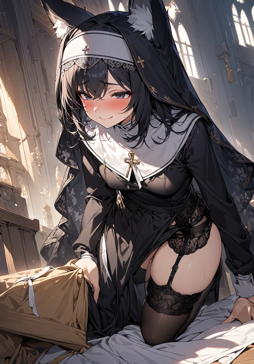 (extremely detailed CG unity 4k wallpaper),(masterpiece),(best quality),(ultra-detailed),(best illustration),(best shadow),(absurdres),(detailed background), black nun, black nun veil, Big Bulge futanari, cumming under cloth, Detailed face, Detailed hair, Japanese, shy, blush, smile, Rich, Church setting, long black hair, black garter belt, black stocking, Fox Ear, Fox Tail