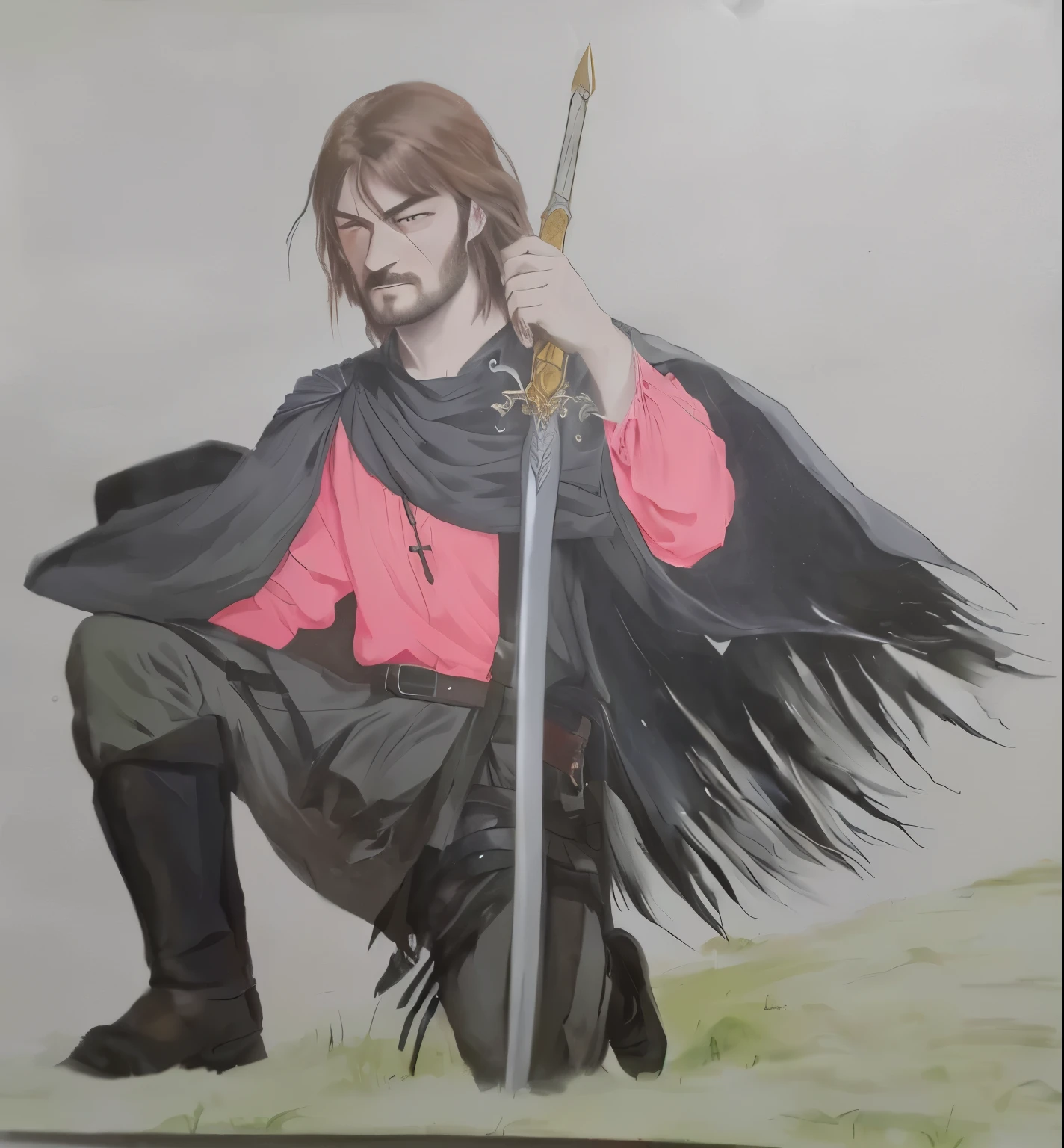 pintura de um homem com uma espada e uma camisa vermelha, como um personagem de fantasia medieval, inspirado em Robert Walker Macbeth, inspirado em Clovis Trouille, pintura de um cavaleiro, inspirado em Ambrosius Holbein, inspirado em Eleanor Fortescue-Brickdale, boromir em um 80\mundo dos animes, inspirado em Edmund Greacen