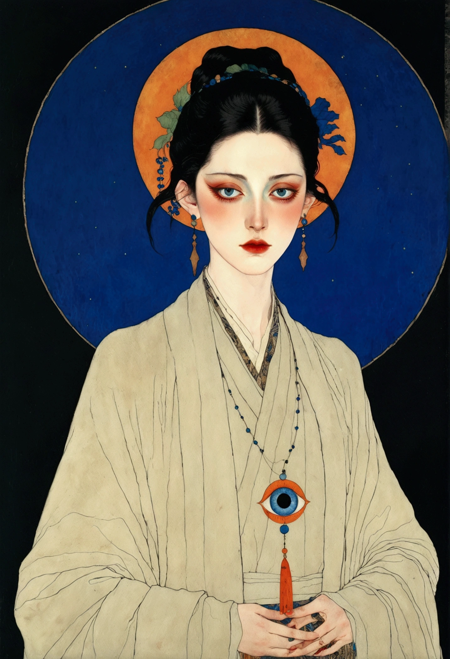 The art of math，Digital Illustration，Drawing，Decorative paintings，Watercolor，(((Harry Clark (Harry Clarke) style,圣地亚哥·卡鲁索style)))，Simple，clean，Fine painting style，(((The third eye on the forehead。Eyeliner，short hair，Pointed ears，robe)))，Wide Angle，Black and blue，Solid color background，Human anatomy is correct