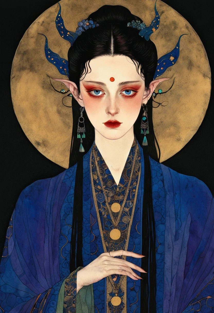 The art of math，Digital Illustration，Drawing，Decorative paintings，Watercolor，(((Harry Clark (Harry Clarke) style,圣地亚哥·卡鲁索style)))，Simple，clean，Fine painting style，(((The third eye on the forehead。Eyeliner，short hair，Pointed ears，robe)))，Wide Angle，Black and blue，Solid color background，Human anatomy is correct