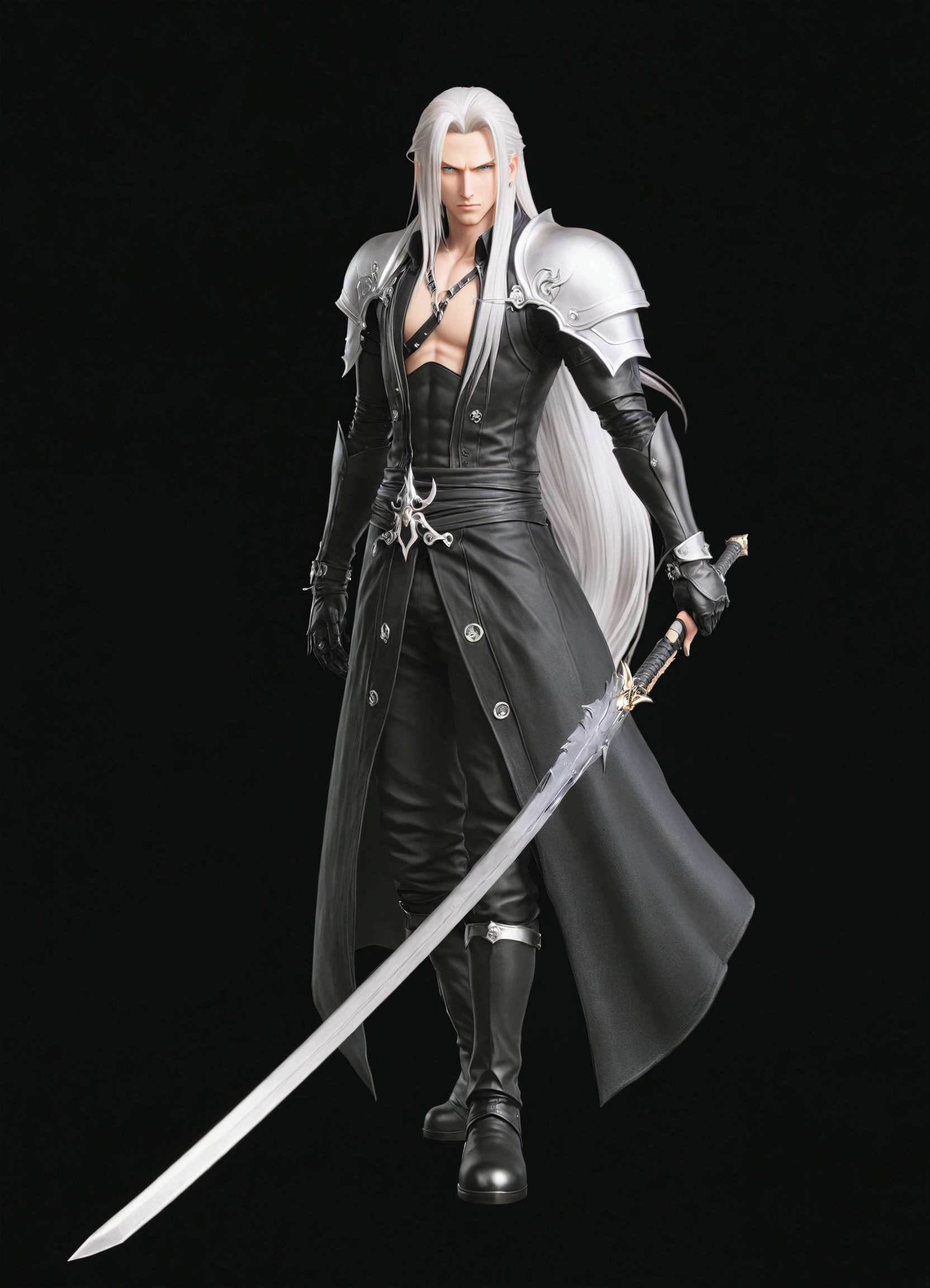 a close up of a person with a sword and a black outfit, sephiroth, sephiroth from final fantasy, a photo of sephiroth, final fantasy character, tifa lockhart with white hair, from final fantasy, from final fantasy vii, thancred waters, thancred waters in style of wlop, from ff7, ff 7, square enix